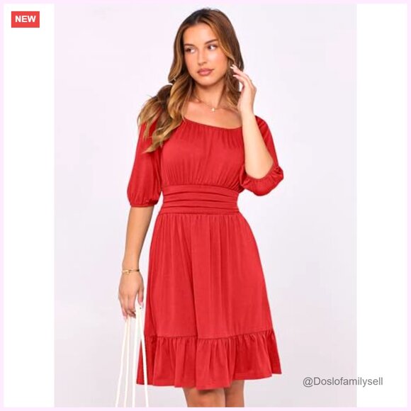 Lantern Sleeve Square Neck Mini Dress, Rayon Polyester Blend, Casual Summer - Picture 2 of 7